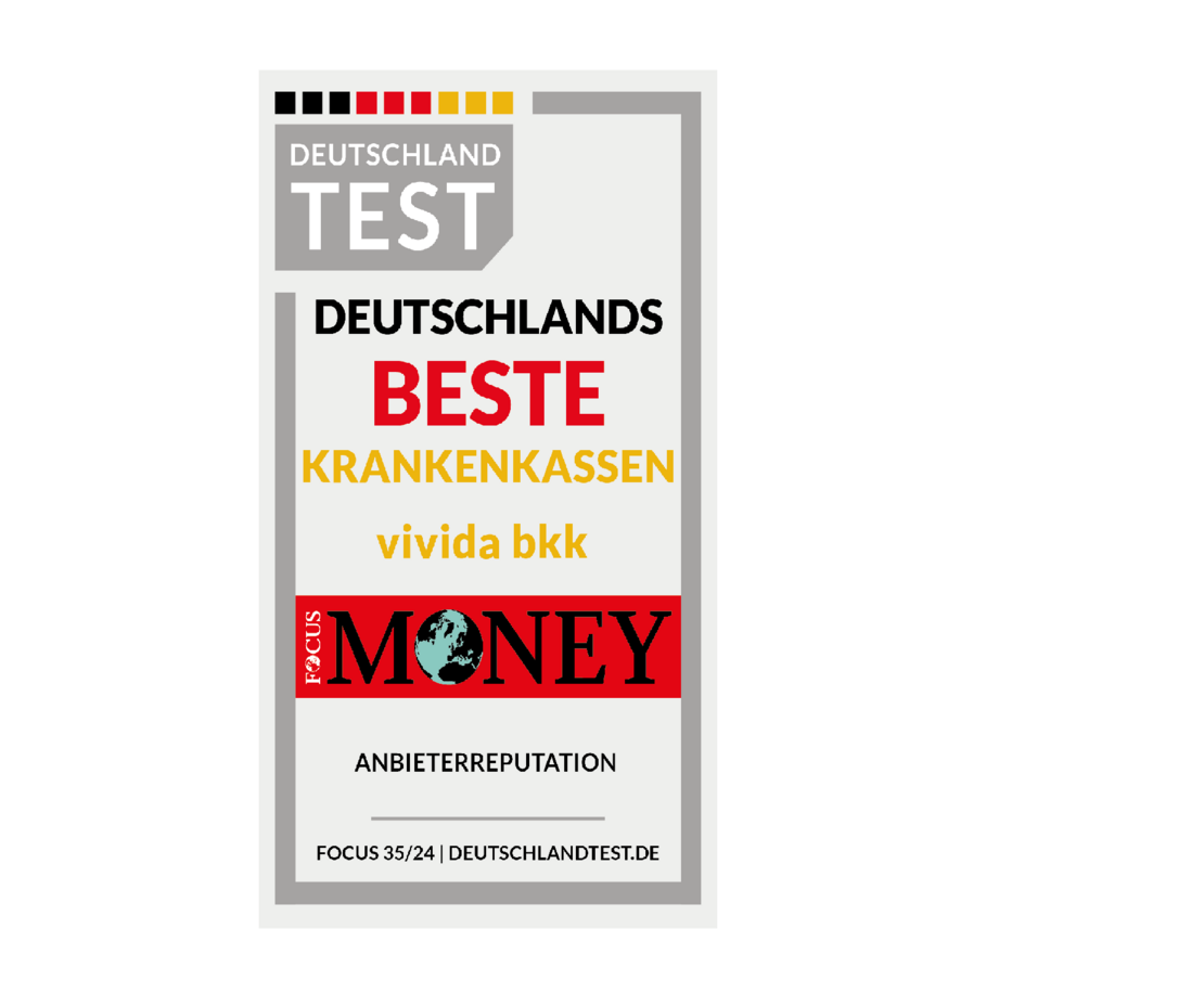 Eine deutsche Auszeichnung mit der Auszeichnung „Deutschlands Beste Krankenkassen“ für Vivida BKK von Focus Money und Deutschland Test zur Anerkennung der besten Krankenversicherer im Jahr 2024.