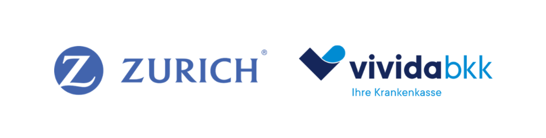 Zürich-Logo mit blauem Kreis und weissem "Z" neben "ZURICH" in blauer Schrift; daneben das vivida bkk-Logo mit blauem Häkchen und "vivida bkk Ihre Krankenkasse" in blauer Schrift.
